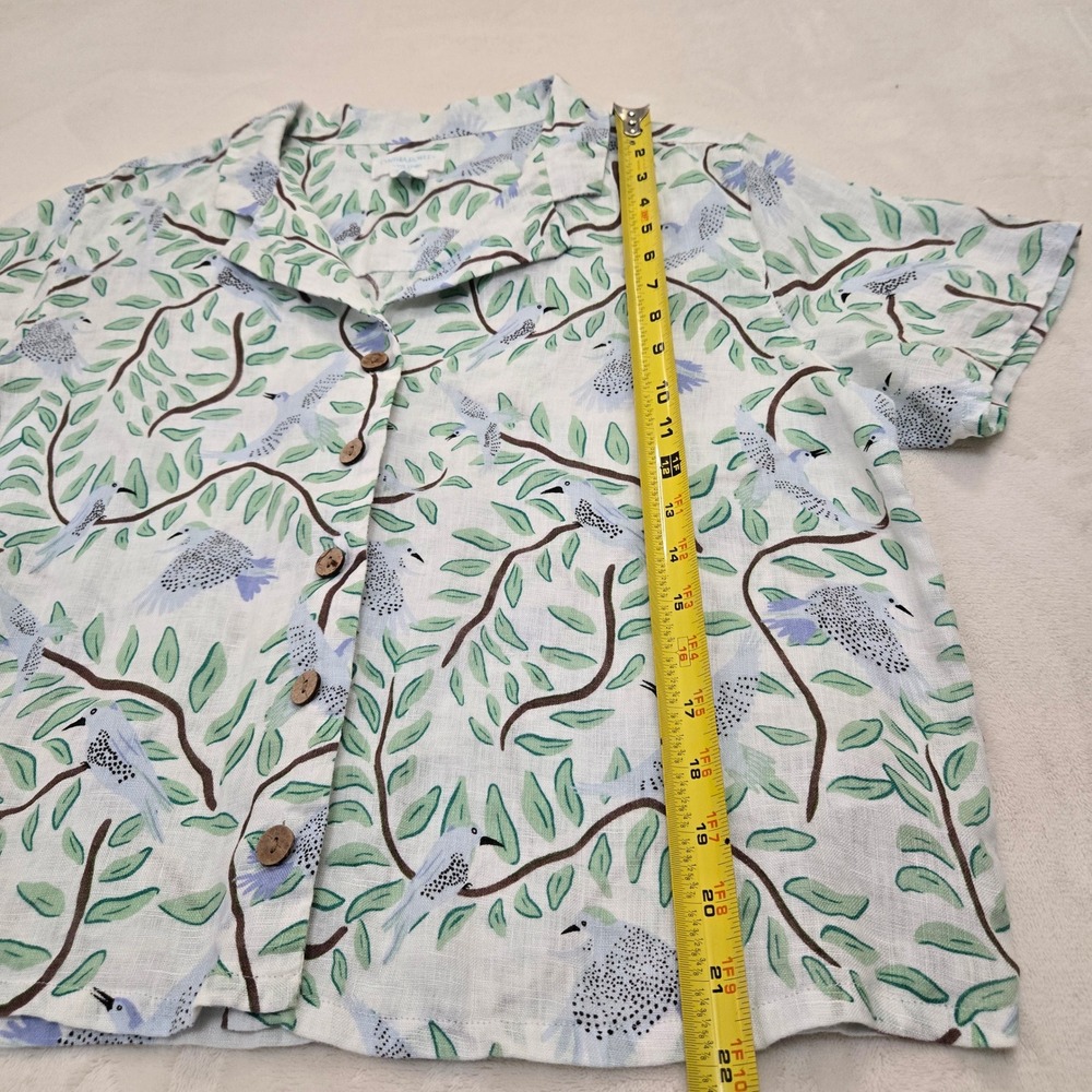 Cynthia Rowley Womens Blue Green Bird Print 100% Linen Camp Shirt Size M - Picture 7 of 8